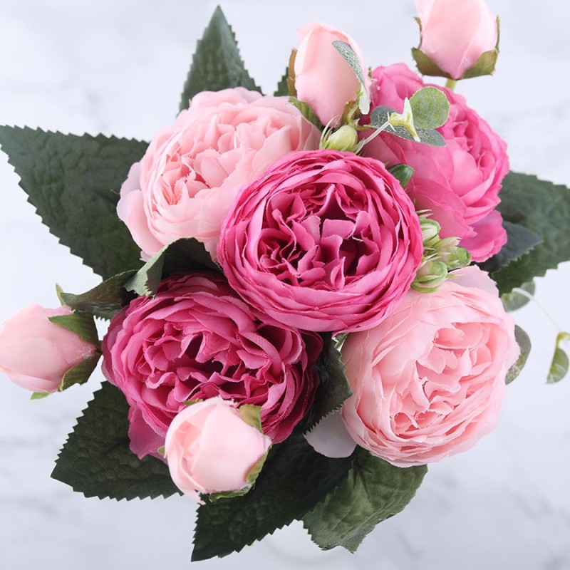 30cm Rose Pink Silk Peony Artificial Flowers Bouquet 5 Big Head and 4 Bud Cheap Fake Flowers for Home Wedding Decoration indoor
