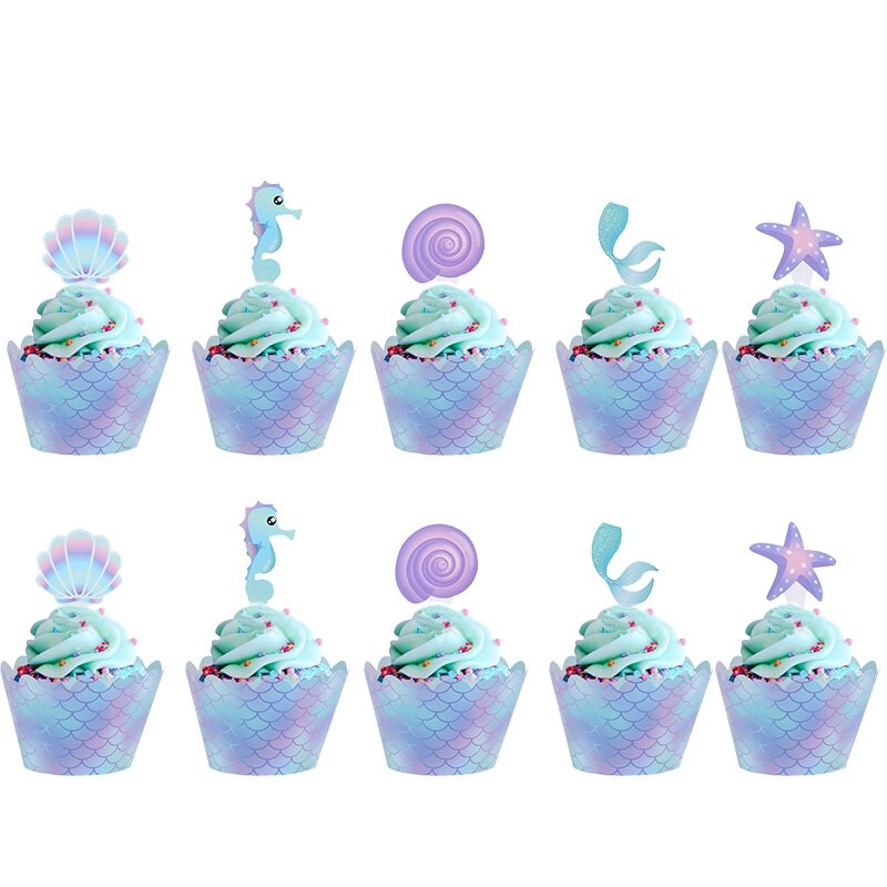 Little Mermaid Party Cake Stand and Cake Toppers Wrappers Set Happy Birthday Party Decorations Kids Under The Sea Party Supplies