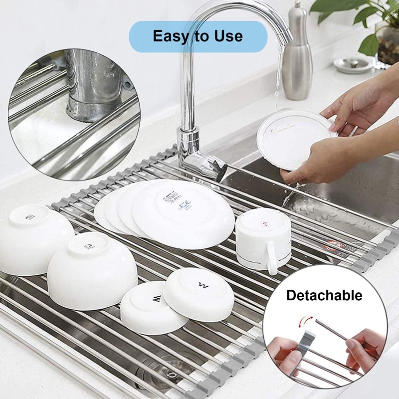 Stainless Steel Dish Drainer Foldable Roll Up Dish Drying Rack Shelf Kitchen Sink Holder Organizer Bowl Tableware Plate Storage