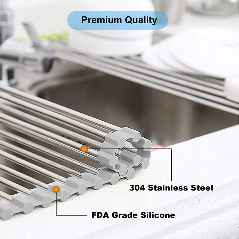 Stainless Steel Dish Drainer Foldable Roll Up Dish Drying Rack Shelf Kitchen Sink Holder Organizer Bowl Tableware Plate Storage