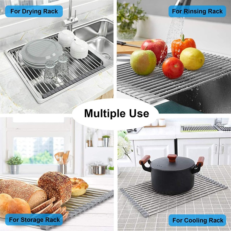 Stainless Steel Dish Drainer Foldable Roll Up Dish Drying Rack Shelf Kitchen Sink Holder Organizer Bowl Tableware Plate Storage