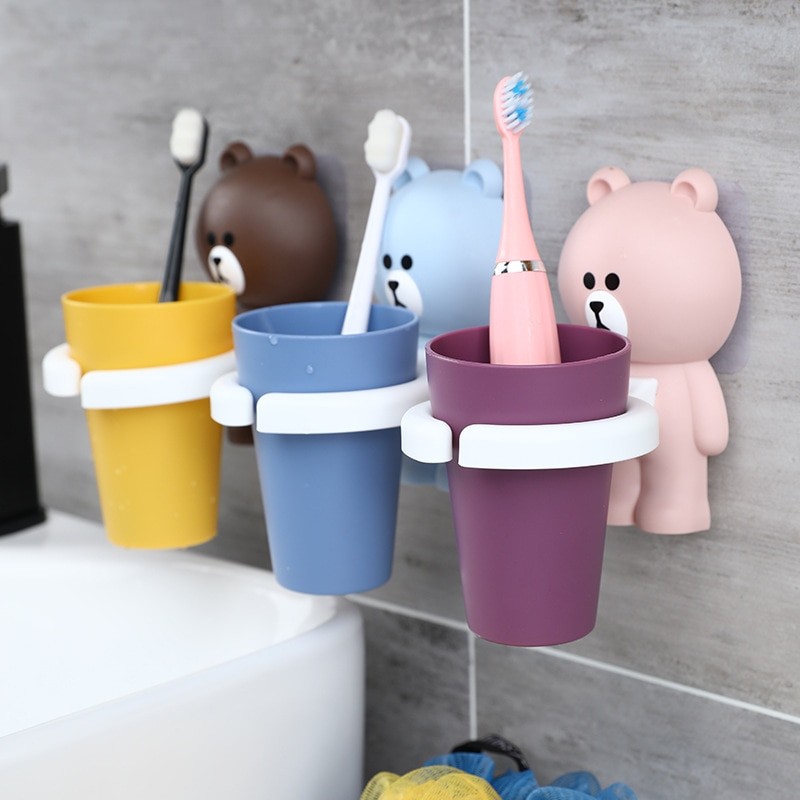 Cartoon Animal Toothbrush Holder Punch-Free Bathroom Wall-Mounted Mouthwash Cup Comb Toothpaste Tube Suspension Storage Rack