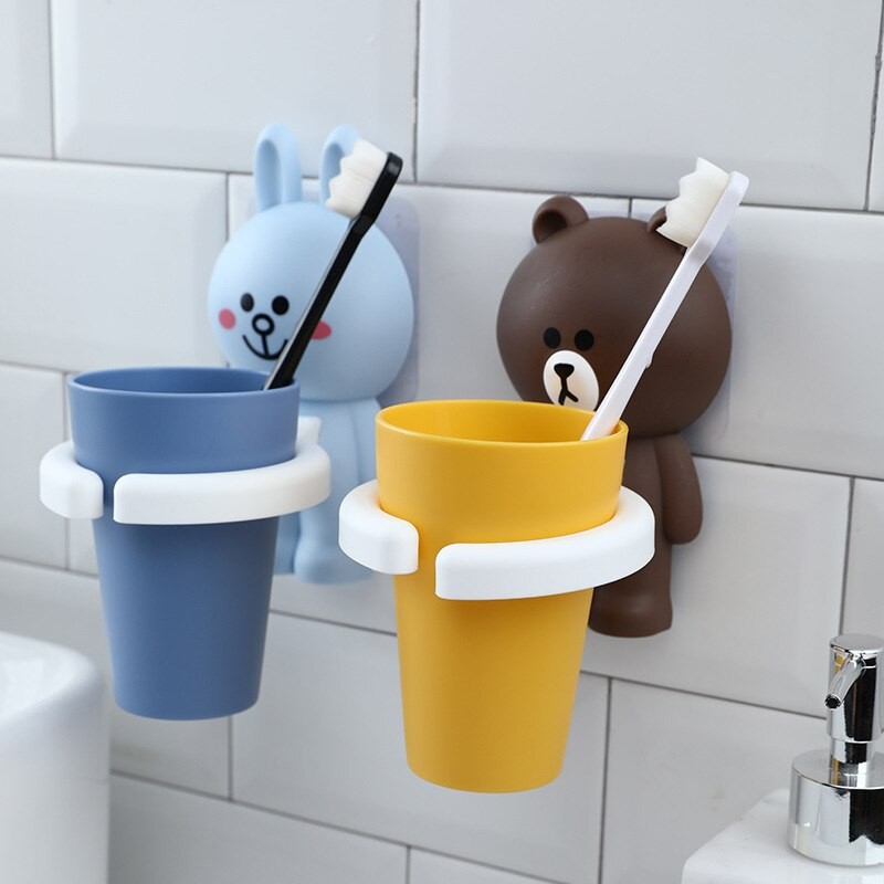 Cartoon Animal Toothbrush Holder Punch-Free Bathroom Wall-Mounted Mouthwash Cup Comb Toothpaste Tube Suspension Storage Rack