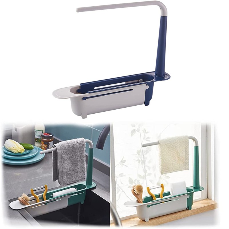 Updated Adjustable 2-in-1 Telescopic Sink Storage Rack Holder,Telescopic Sponge Holder Towel Rack for Kitchen Sink,Sink Storage