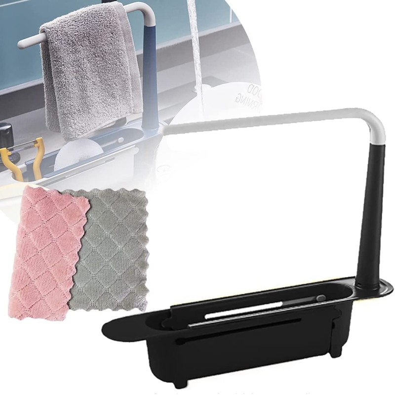 Updated Adjustable 2-in-1 Telescopic Sink Storage Rack Holder,Telescopic Sponge Holder Towel Rack for Kitchen Sink,Sink Storage