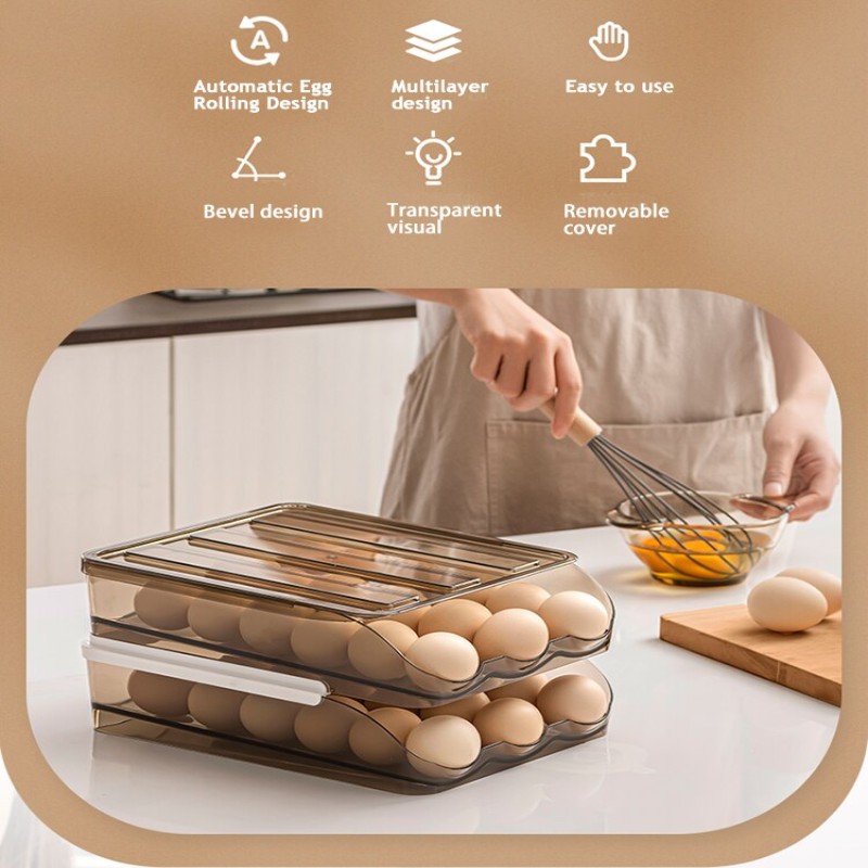 Auto Rolling Egg Storage Box Drawer Refrigerator Egg Box Saving Space Stackable Multi-Layer Egg Fresh Storage Box kitchen items