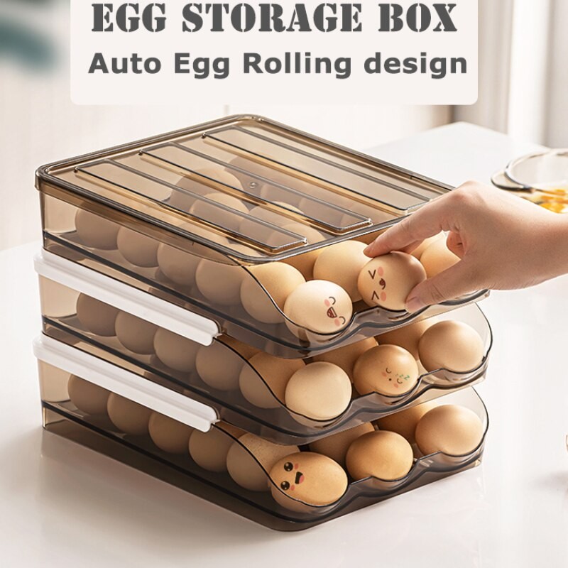Auto Rolling Egg Storage Box Drawer Refrigerator Egg Box Saving Space Stackable Multi-Layer Egg Fresh Storage Box kitchen items
