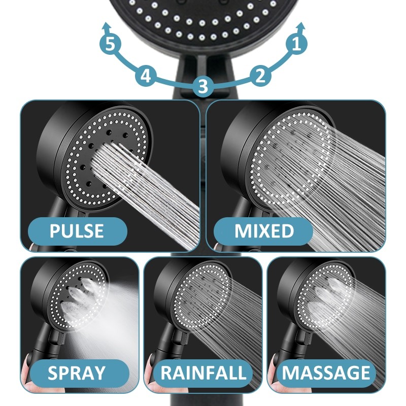 Shower Head Water Saving Black 5 Mode Adjustable High Pressure Shower One-key Stop Water Massage Eco Shower Bathroom Accessories