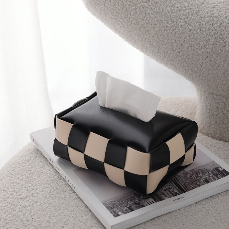 Retro Chessboard Leather Woven Paper Towel Box Simple Color Blocking Chessboard Paper Towel Bag