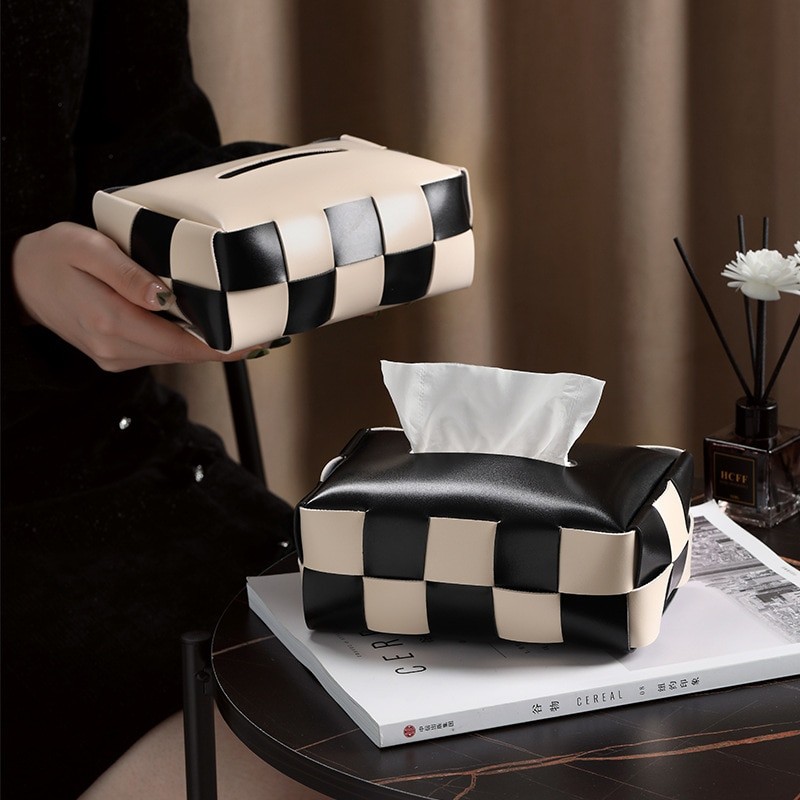 Retro Chessboard Leather Woven Paper Towel Box Simple Color Blocking Chessboard Paper Towel Bag