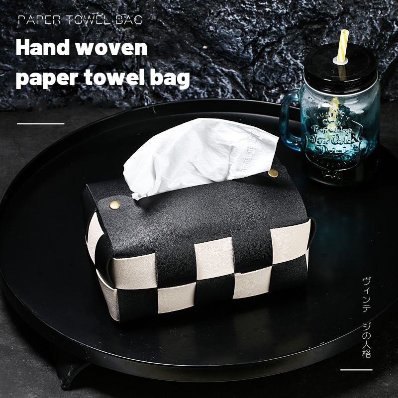 Retro Chessboard Leather Woven Paper Towel Box Simple Color Blocking Chessboard Paper Towel Bag