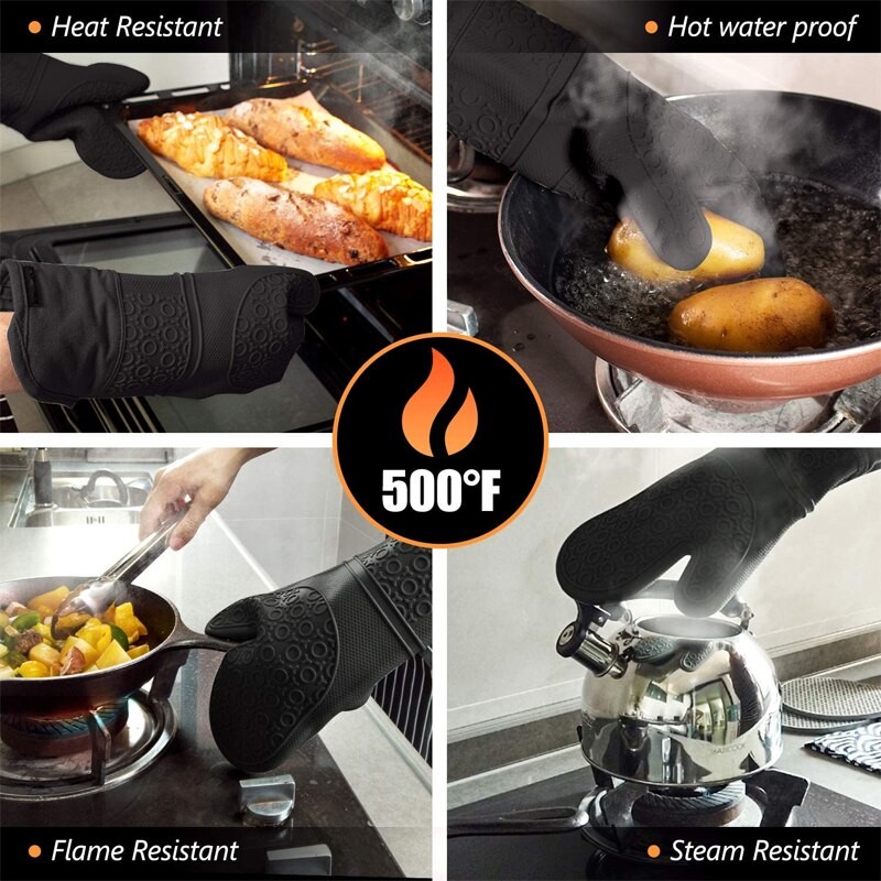 LMETJMA 6Pcs Extra Long Oven Mitts and Pot Holders Sets Heat Resistant Silicone Cooking Gloves Hot Pads Potholders KC0419