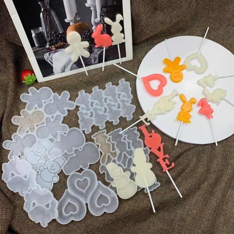 Hollow Heart Shape Silicone Lollipop Molds Easter Bunny Rabbit Snowmen Chocolate Candy Cheese Mould Cake Decorating Tools