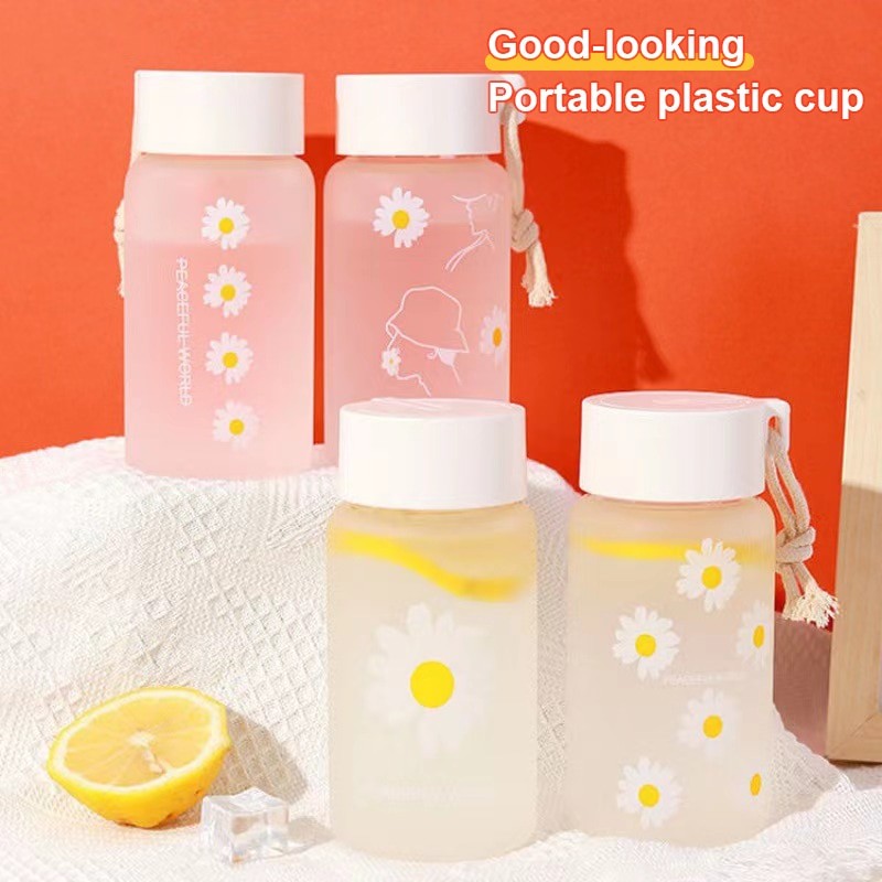 Small Daisy Transparent Plastic Water Bottles BPA Free Creative Frosted Water Bottle with Portable Trendy watRope Travel Tea Cup