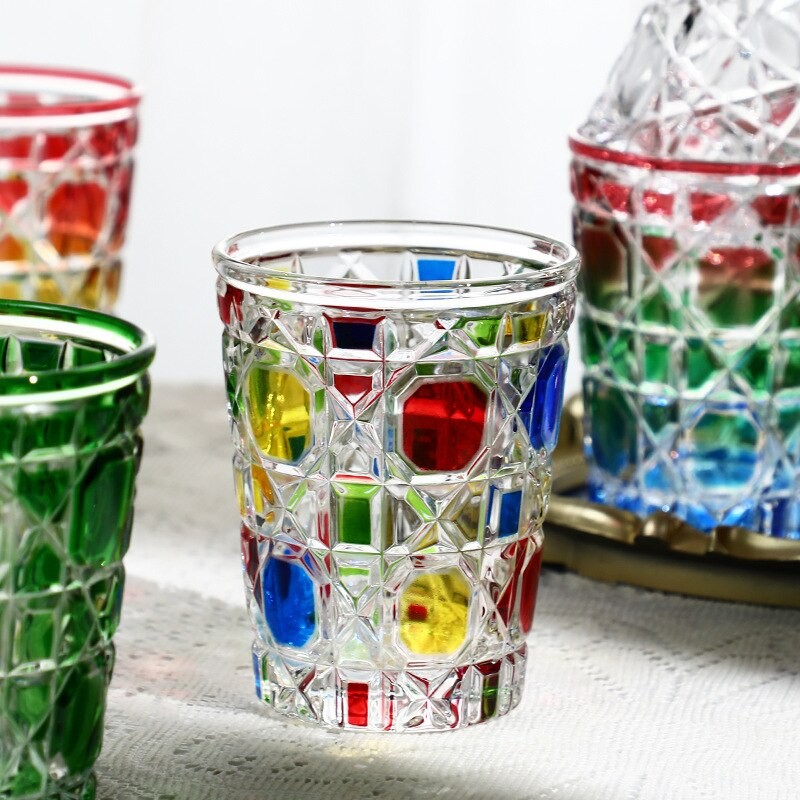 High Temperature Resistant Coffee Cup Colored Glass Whisky Wine Cup Cocktail Cup Creative Grid Household Drinking Set