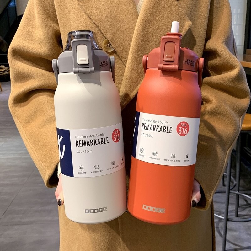 1300ML Large Capacity Straw Thermos Cup Stainless Steel Outdoor Sports Travel Pot Cute Cold and Hot Thermos Portable Water Cup