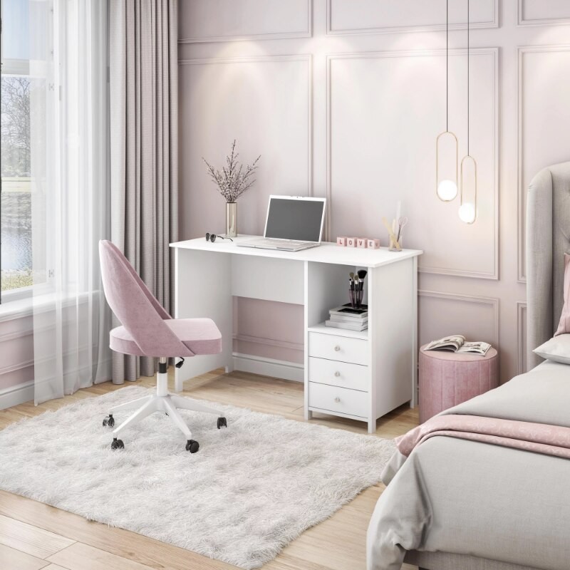 Techni Mobili Contemporary White Computer Desk with 3 Storage Drawers