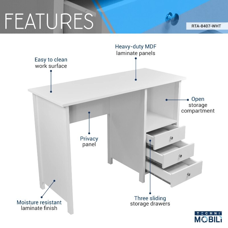 Techni Mobili Contemporary White Computer Desk with 3 Storage Drawers