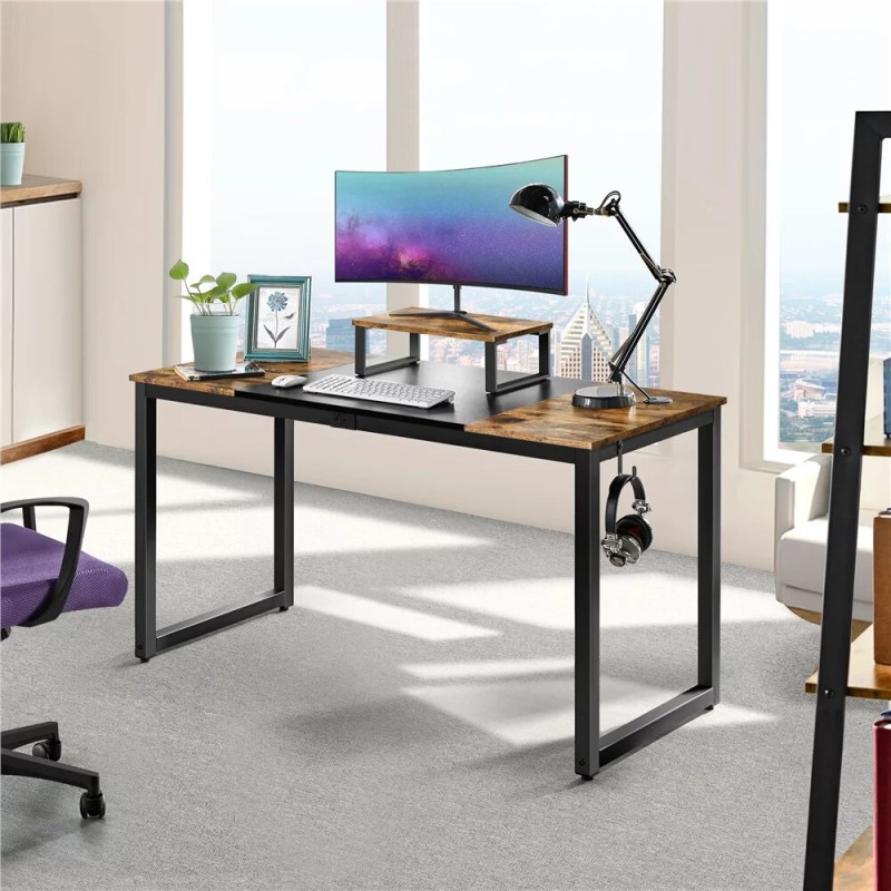 Industrial Computer Desk with Monitor Stand, Rustic Brown/Black  Office Desk  Table Computer  Study Table