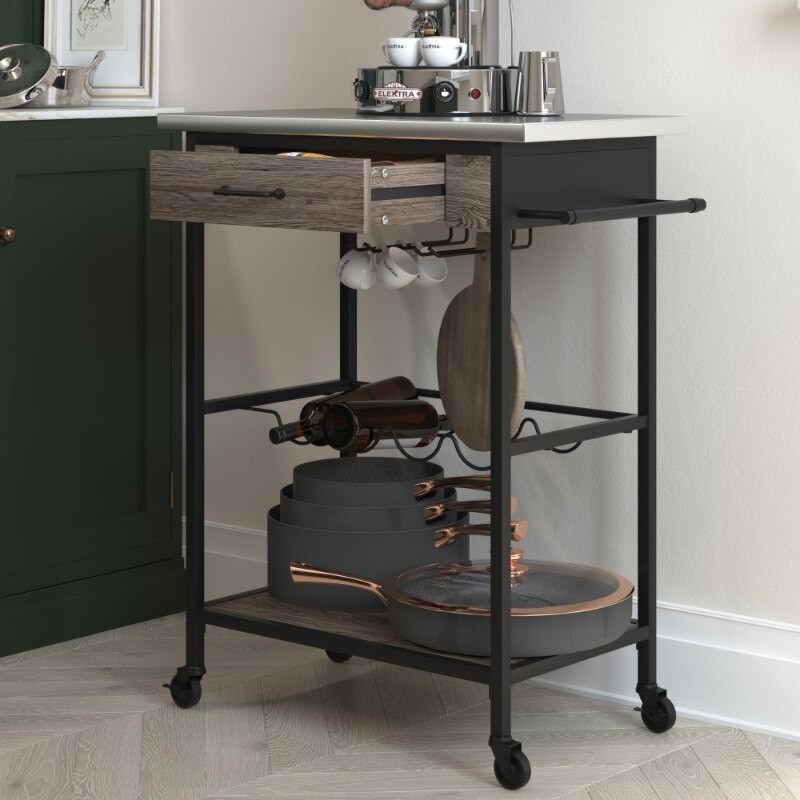 Novogratz Nora Multifunctional Kitchen Cart, Wine Rack and Pantry Storage, Stainless Steel and Black Metal, Brown