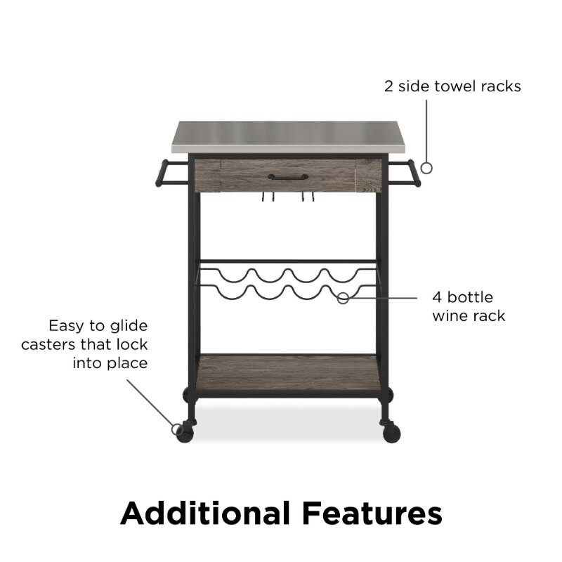 Novogratz Nora Multifunctional Kitchen Cart, Wine Rack and Pantry Storage, Stainless Steel and Black Metal, Brown