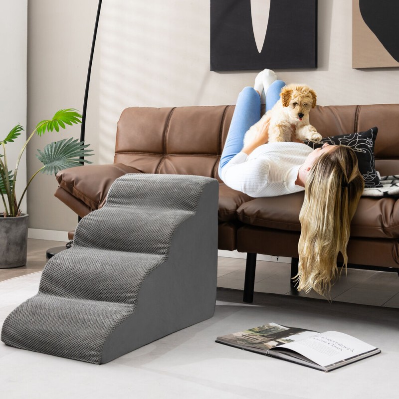 Costway High Density Foam Pet Stairs 4-Step Extra Wide Dog Ramp with Washable Cover Grey