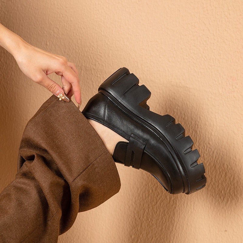 BeauToday Platform Penny Loafers Women Genuine Cow Leather Round Toe Slip On Chunky Sole Ladies Casual Shoes Handmade 27733