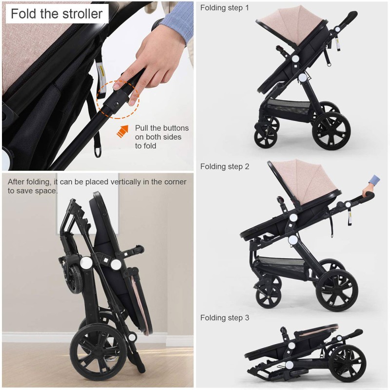 High-view Baby Stroller With Reversible Cradle And Luxury Seat Three in One, Shockproof, Comfortable and Safe