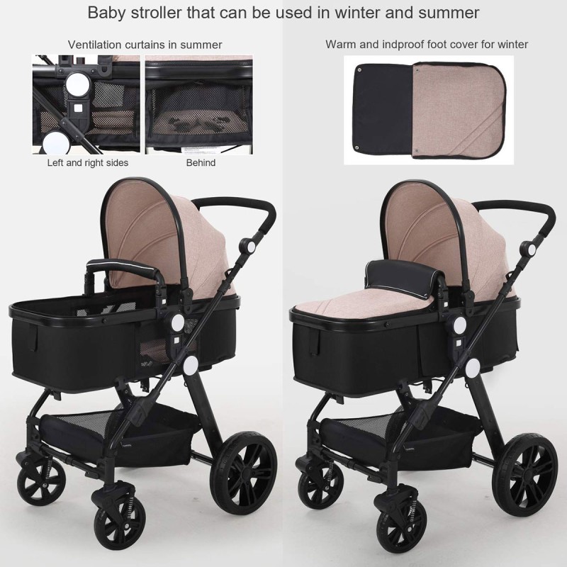 High-view Baby Stroller With Reversible Cradle And Luxury Seat Three in One, Shockproof, Comfortable and Safe