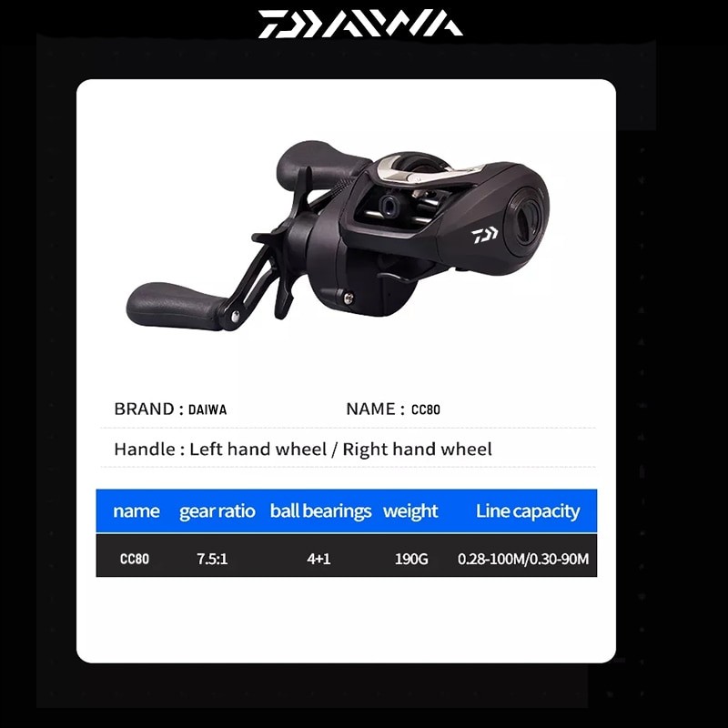 Original DAIWA CC80 Baitcasting Fishing Reels 4+1BB Gear Ratio 7.5:1 Max Drag 7kg Baitcast Reel Fishing Metal Light Spool
