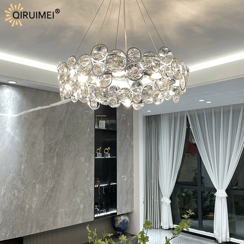 Silver Clear Crystal New Modern LED Chandelier Lights Living Dining Room Bedroom Pendant Hall Bar Lamps E14 Bulb Indoor Lighting