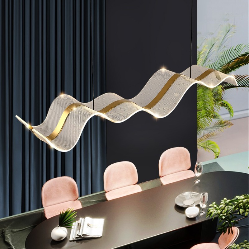 Modern led chandelier for dining room luxury wave design gold hanging light fixture large kitchen island suspension acrylic lamp