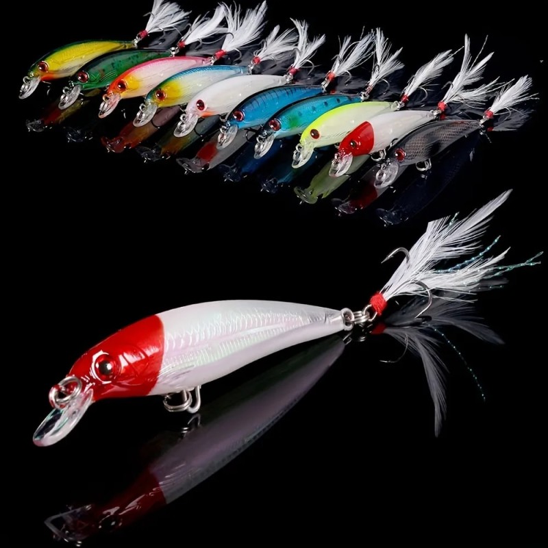 10pcs Larser Minnow Fishing Lures Set Catch Bass Faster with Feather Hook Artificial Bait Crankbait 9cm/7g| |   - AliExpress