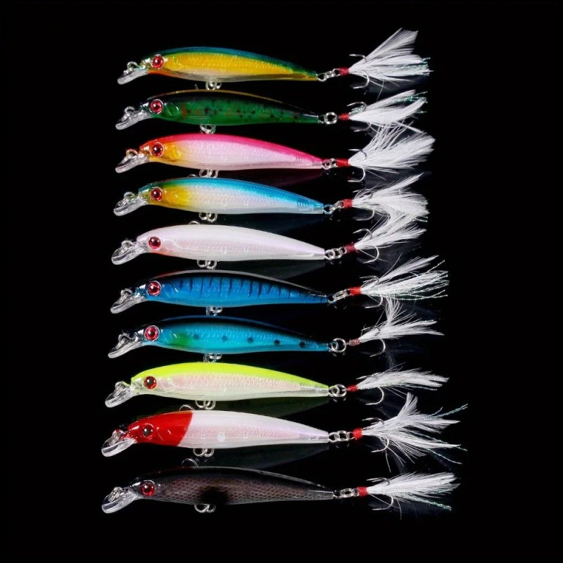 10pcs Larser Minnow Fishing Lures Set Catch Bass Faster with Feather Hook Artificial Bait Crankbait 9cm/7g| |   - AliExpress