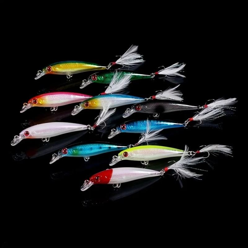 10pcs Larser Minnow Fishing Lures Set Catch Bass Faster with Feather Hook Artificial Bait Crankbait 9cm/7g| |   - AliExpress