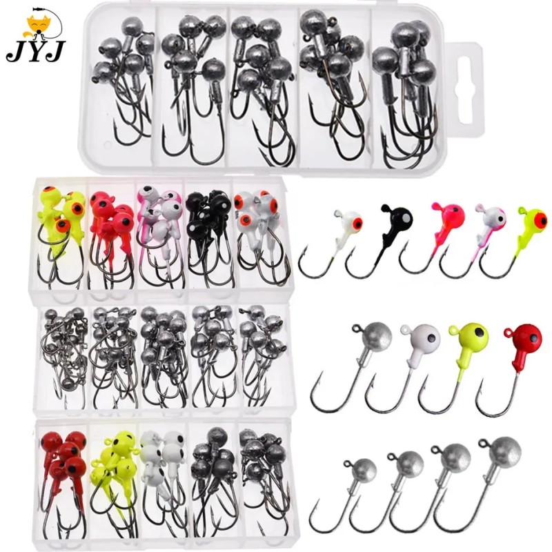 JYJ a box 1g 1.5g 2g 3g 3.5g fishing hook jig round head hook with mix colors , fishing tackle hook for soft grub worm baits| |   - AliExpress