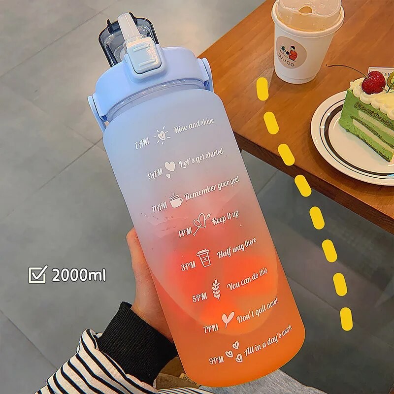 2L Large Capacity Water Bottle Straw Cup High Temperature Plastic Water Cup Time Scale Frosted Outdoor Sports Student Couple Cup| |   - AliExpress