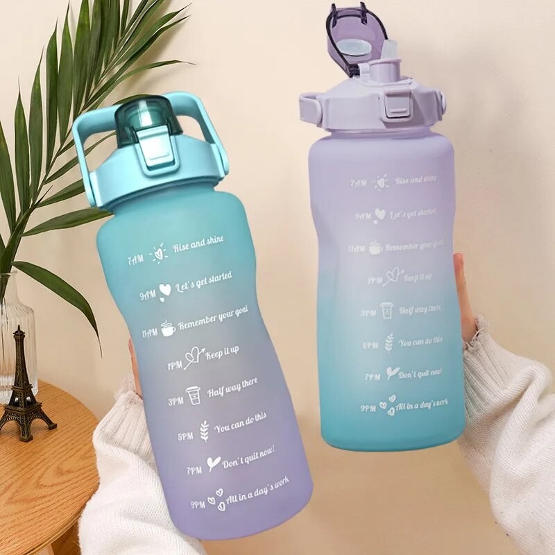 2L Large Capacity Water Bottle Straw Cup High Temperature Plastic Water Cup Time Scale Frosted Outdoor Sports Student Couple Cup| |   - AliExpress