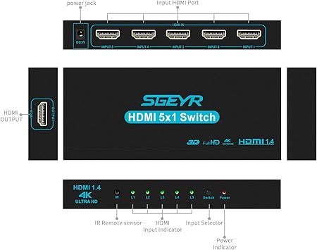 HDMI Switch SGEYR 5x1 HDMI Switcher 5 in 1 Out HDMI Selector 5 Port Box with IR Remote Control HDMI 1.4 HDCP 1.4 Support 4K@30Hz Ultra HD 3D 2160P 1080P