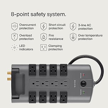 Belkin Surge Protector Power Strip w/ 8 Rotating & 4 Standard Outlets - 8ft Sturdy Extension Cord w/ Flat Pivot Plug for Home, Office, Travel, Desktop & Charging Brick - 4320 Joules of Protection