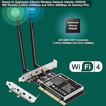 Wireless N Dual Band 600Mbps (2.4GHz 300Mbps or 5GHz 300Mbps) PCI WiFi Adapter for Windows 11, 10, 8.x, 7, XP (32/64bit) and Windows Server Desktop PCs, PCI Interface WiFi Card (PCI-N600)