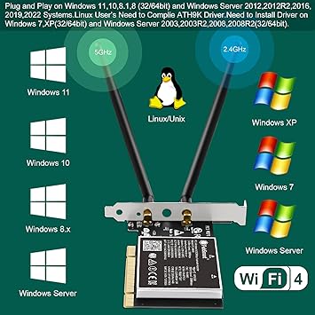 Wireless N Dual Band 600Mbps (2.4GHz 300Mbps or 5GHz 300Mbps) PCI WiFi Adapter for Windows 11, 10, 8.x, 7, XP (32/64bit) and Windows Server Desktop PCs, PCI Interface WiFi Card (PCI-N600)