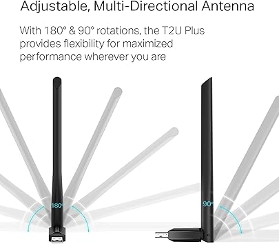 TP-Link AC600 USB WiFi Adapter for PC (Archer T2U Plus)- Wireless Network Adapter for Desktop with 2.4GHz, 5GHz High Gain Dual Band 5dBi Antenna, Supports Win11/10/8.1/8/7/XP, Mac OS 10.9-10.14, Black