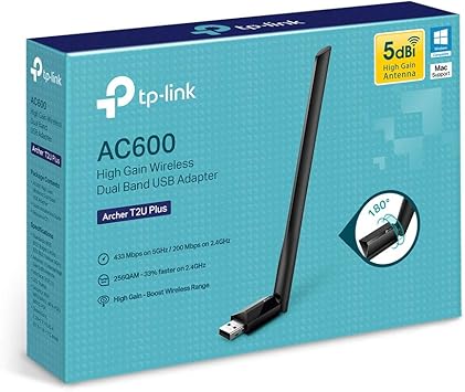 TP-Link AC600 USB WiFi Adapter for PC (Archer T2U Plus)- Wireless Network Adapter for Desktop with 2.4GHz, 5GHz High Gain Dual Band 5dBi Antenna, Supports Win11/10/8.1/8/7/XP, Mac OS 10.9-10.14, Black
