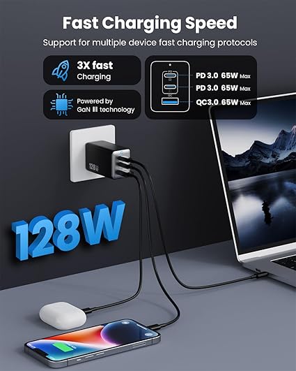268W GaN USB Type C Charger 8 Ports Fast Charging Station PD QC4.0, USB C Laptop Charger Compatible with MacBook Pro/Air, iPads, Samsung Galaxy Note, iPhone 16/15/14/13/12 Mini/Pro/Pro Max