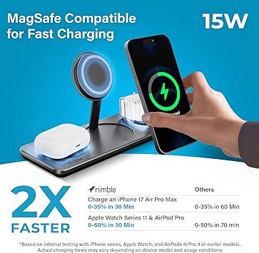 Nimble Podium 3-in-1 Wireless Charging Station for Apple, Qi2-Certified 15W Magsafe Charger Stand, Wireless Charger for iPhone 17 16 15 14 13 - Apple Watch - Airpods Series (Charger & USB-C Included)