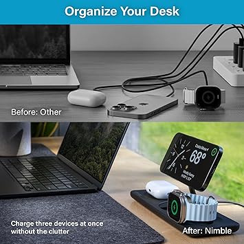 Nimble Podium 3-in-1 Wireless Charging Station for Apple, Qi2-Certified 15W Magsafe Charger Stand, Wireless Charger for iPhone 17 16 15 14 13 - Apple Watch - Airpods Series (Charger & USB-C Included)