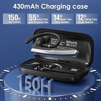 Bluetooth Headset with Microphone, Wireless Earpiece with Charging Case for Cellphones, PC, Single Ear Headset with Mute for Trucker Driver, Remote Work
