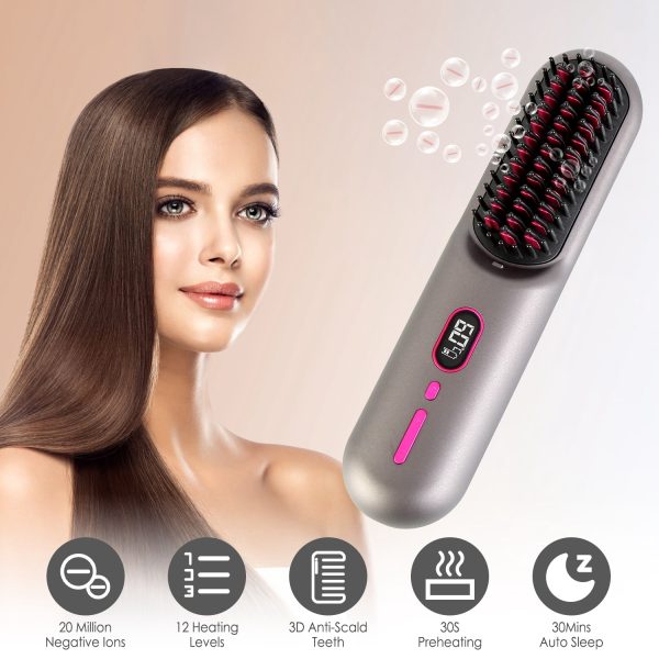 Grey-Black Options -- 1Pc Cordless Negative Ion Hair Straightener Brush Rechargeable Mini Styling Comb With 12 Heating Levels Anti-scald 30S Preheating 30Mins Auto Sleep LCD Display - Image 2