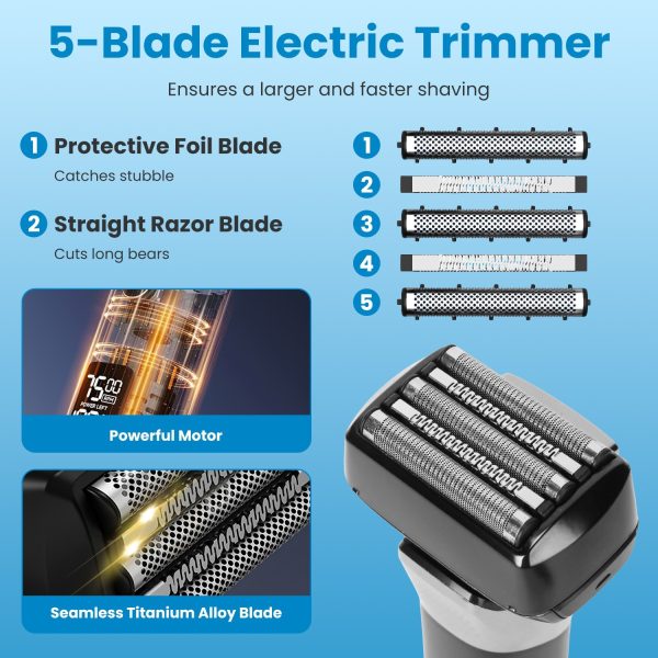 Electric Foil Face Shaver 5-Blade Electric Razor For Men Wet & Dry Jawline Beard Trimmer Precision Sideburn Shavers IPX6 Waterproof With LED Display Cleaning Brushes - Image 2